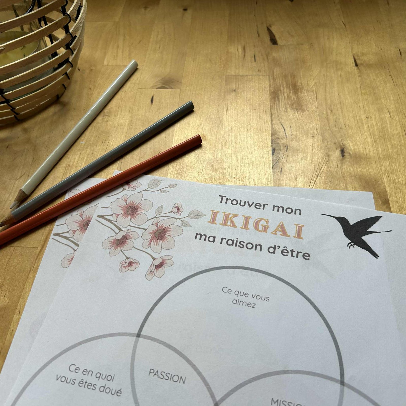 Feuille imprimée avec représentation d'un Ikigai et des crayons de couleurs sur une table en bois